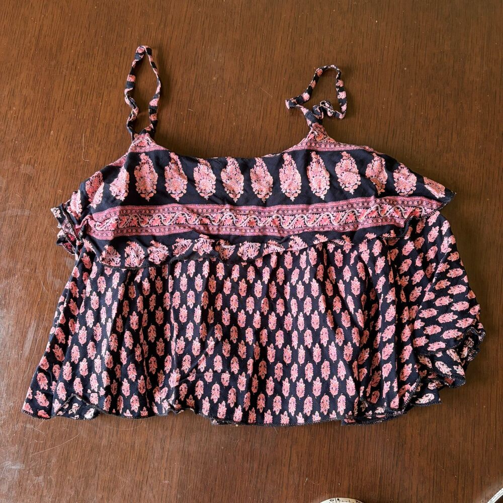 Raga black and pink XS flowy cropped tank top with ruffle boho summer tank top